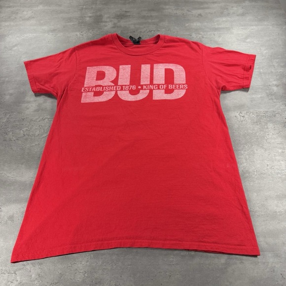 Budweiser T Shirt Large Red White King Of Beers Faded Vintage Retro Style Tee - Picture 1 of 7